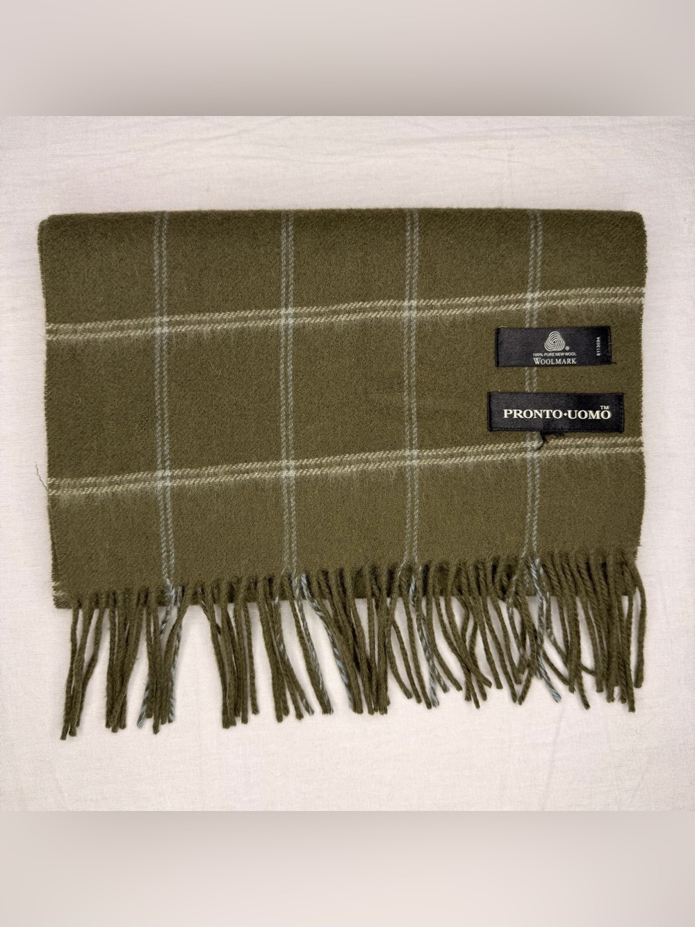 Pronto Uomo 100 Pure New Wool Scarf Olive Green Windowpane Fringe Woolmark